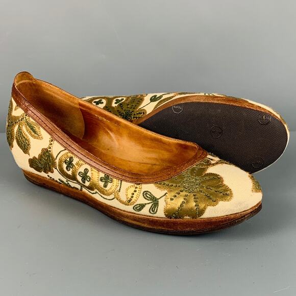 DRIES VAN NOTEN Size 7.5 Cream Gold Fabric Embroidered Leaves Wedge Flats - Picture 5 of 8